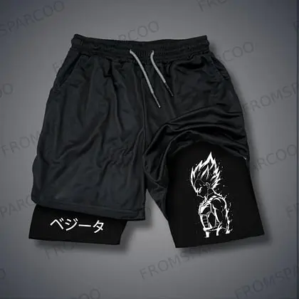 

Dragon Ball Z Black Training Shorts Vegeta Character Print with Japanese Text From Sparcoo Logo Grey Drawstring Anime