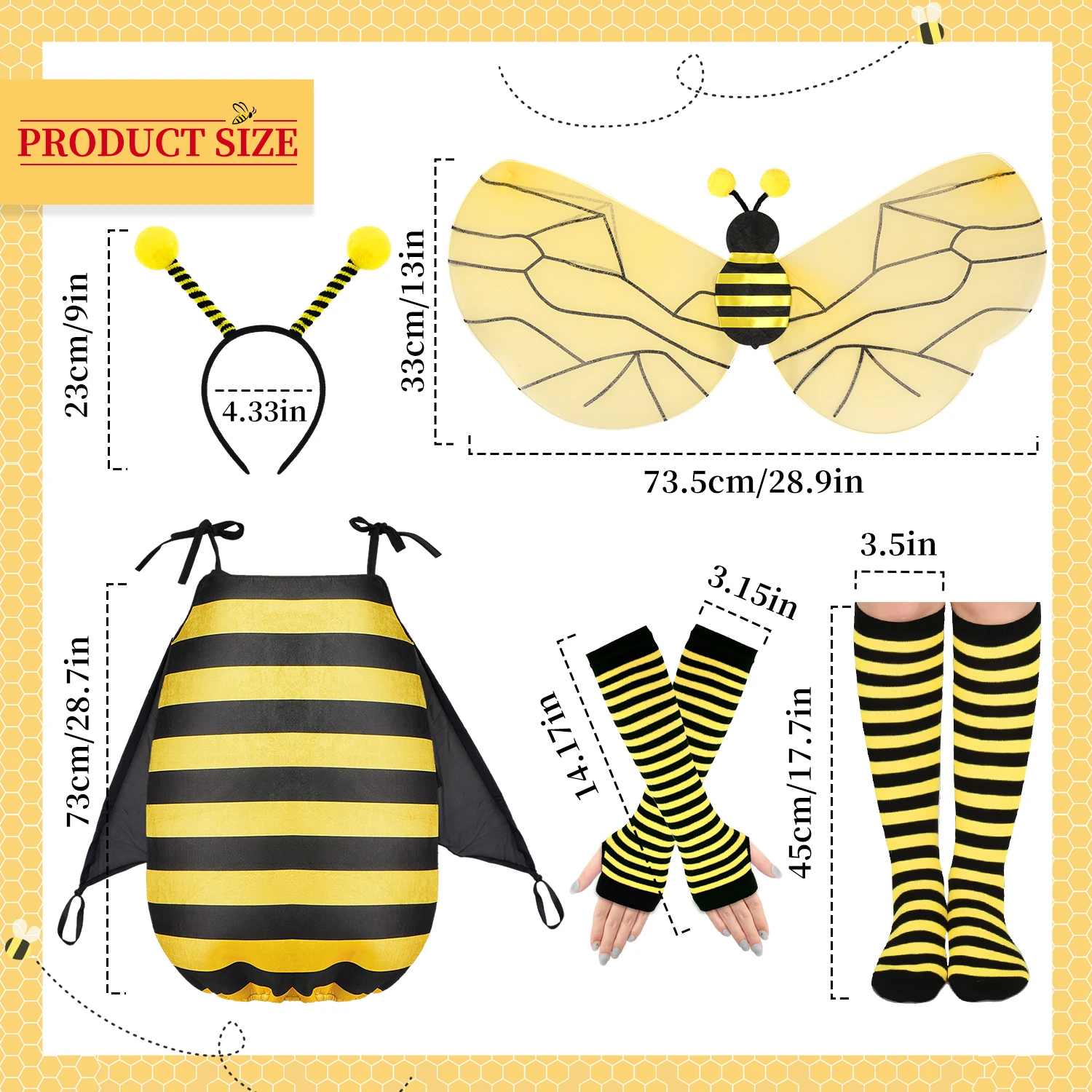 Bee Costume for Women Adults, Halloween Funny Bee Outfit Cosplay Accessories, Bee Dress Wing Headband with Feelers Stockings Glo