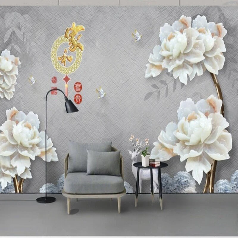 Modern Fashion Jade Carving Peony Flower Elk And Leaf Decorative Painting For Romantic And Luxurious Living Room Background Wall