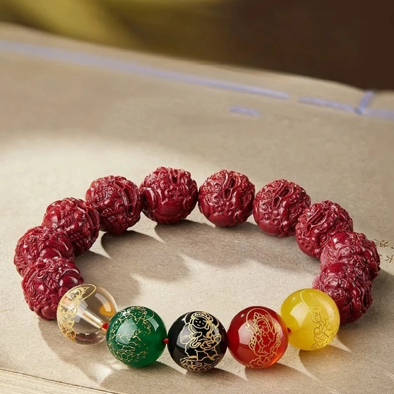 Women's Red Pi Xiu Cinnabar Ballpoint Bracelet Hand Knitting Genuine Natural Bangle  Accessory Fashion Gift Jewelry Energy