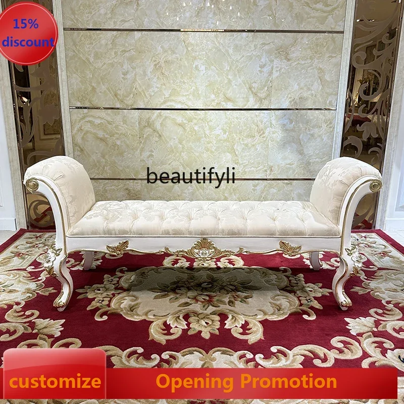 ss8350 French fabric bedside stool, European luxury neoclassical solid wood bedroom bedside bench
