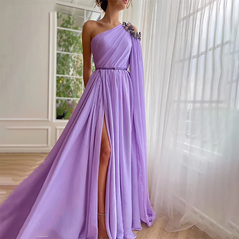 

2025 Purple Chiffon One Shoulder Sleeve Evening Dress Luxury Lilac A-Line Elegant Formal Party Dress Women Prom Gown Customized