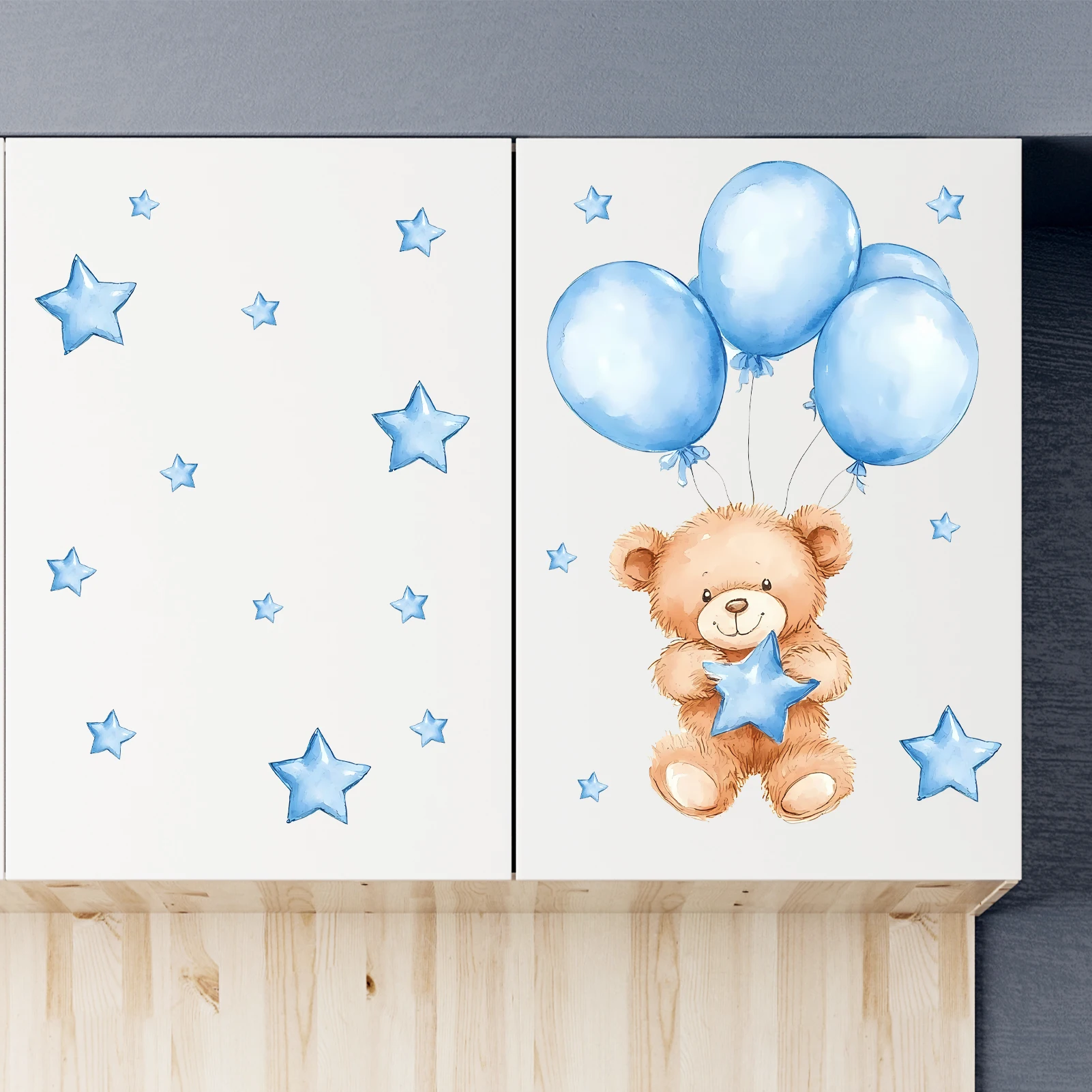 Watercolor Bear Balloon Wall Stickers, Blue Star Floral Decals, Removable Bedroom Living Room Home Decor Art Mural
