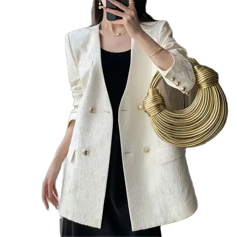 2024 New Women's Suit Jacket Fashion Loose Temperament Coat Texture Sense Pure Colour Button Sense Of Design Blazer Female