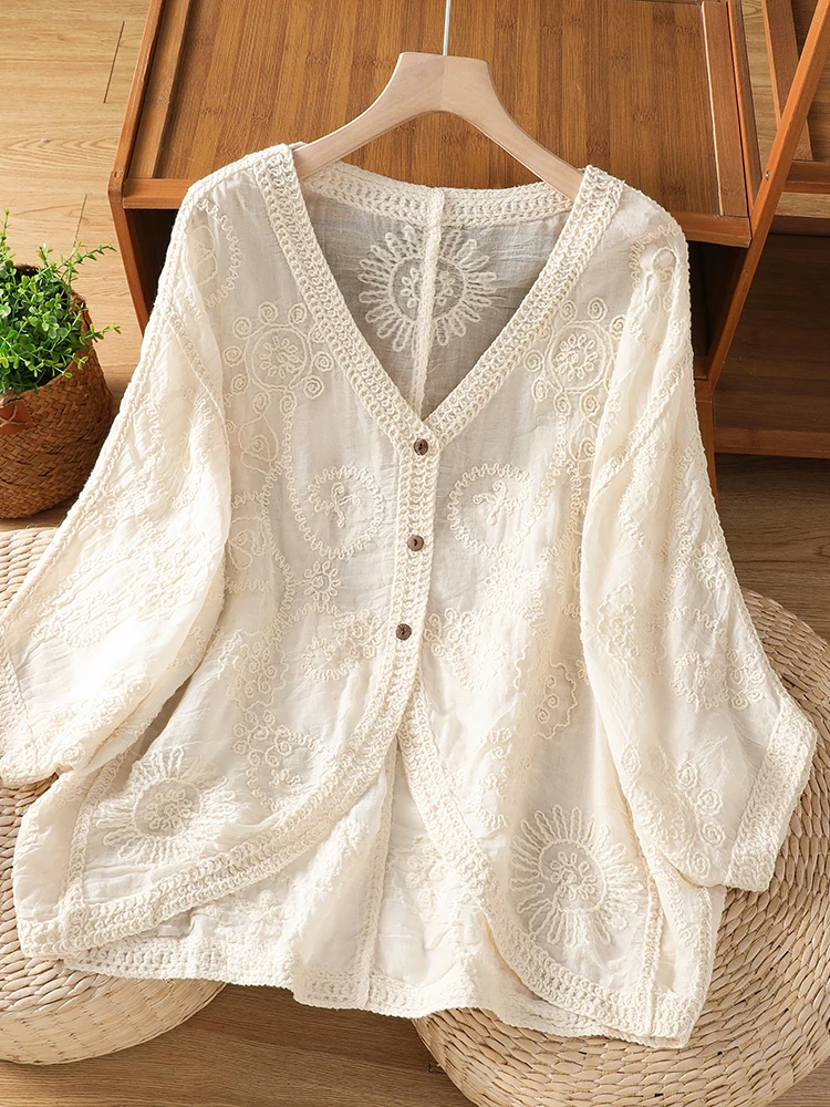 

V-Neck Knitted Open Cardigan Thin Summer New Lace Hook Flower Sun Protection Casual Seven-Quarter Sleeve Top for Women