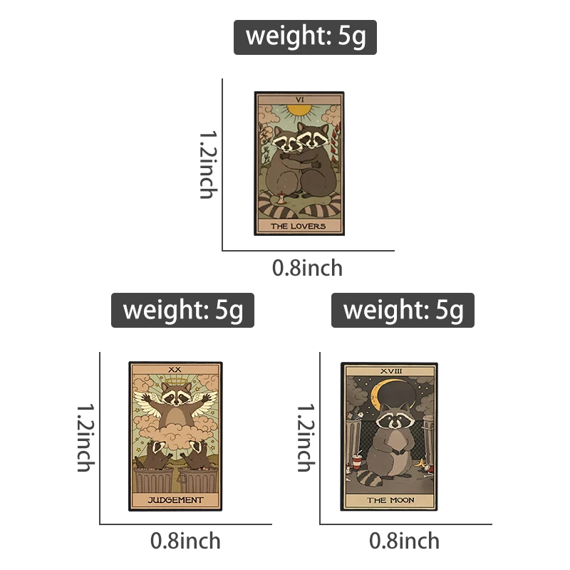 Little Raccoon Tarot UV Printing Pins Punk Animal Brooches Badges Lapel Hat Accessories Halloween Jewelry Gift for Kids Friends