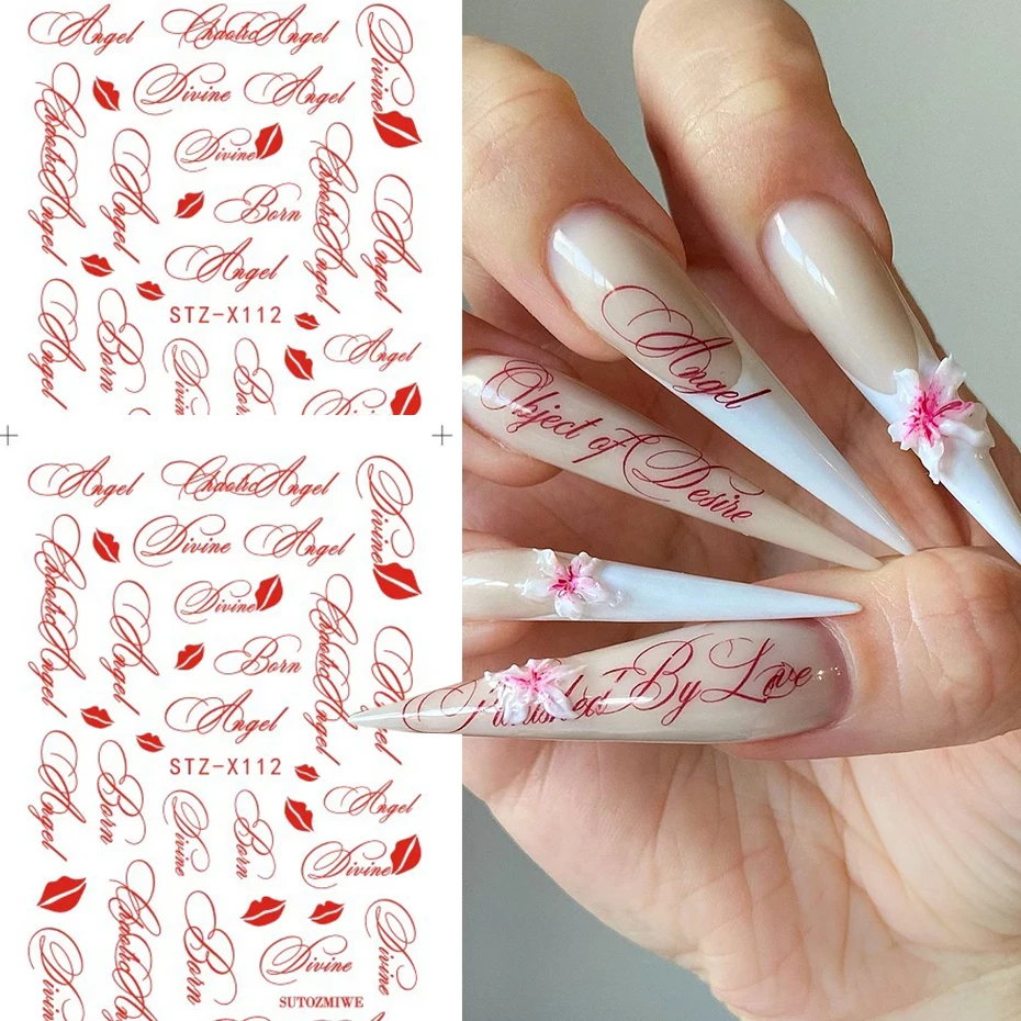 2 Stück rote englische Buchstaben-Nagelaufkleber im Y2K-Stil mit Lippen-Nagelsticker, DIY-Nagelkunst-Dekoration für Frauen – Detail 5
