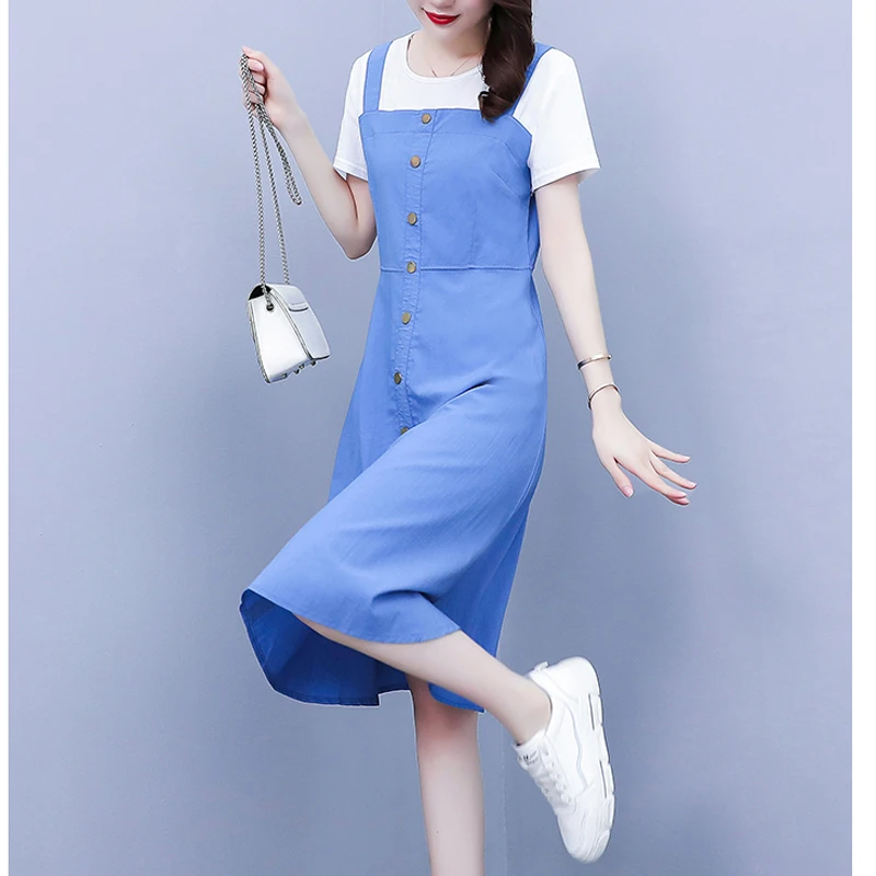 Women T-shirt Dresses Summer Female O Neck Short Sleeve Large Size Elegant A Line Blue Fake Two Pieces Single-breasted Vestidos