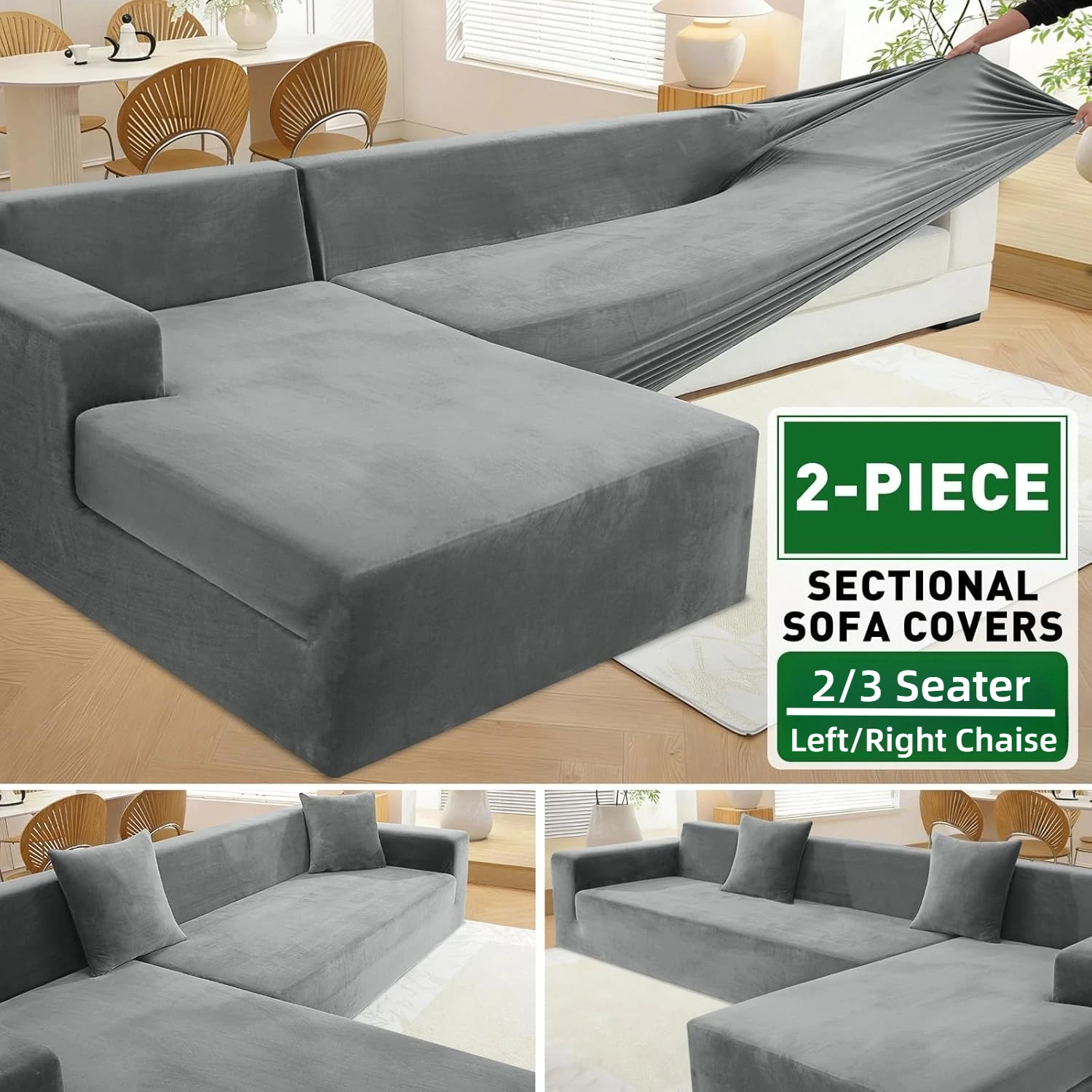 Velvet Sectional Couch Covers Luxury Plush Slipcovers with Elastic Bottom for L Shape Sectional Sofa 2Pcs Pet Friendly Protector