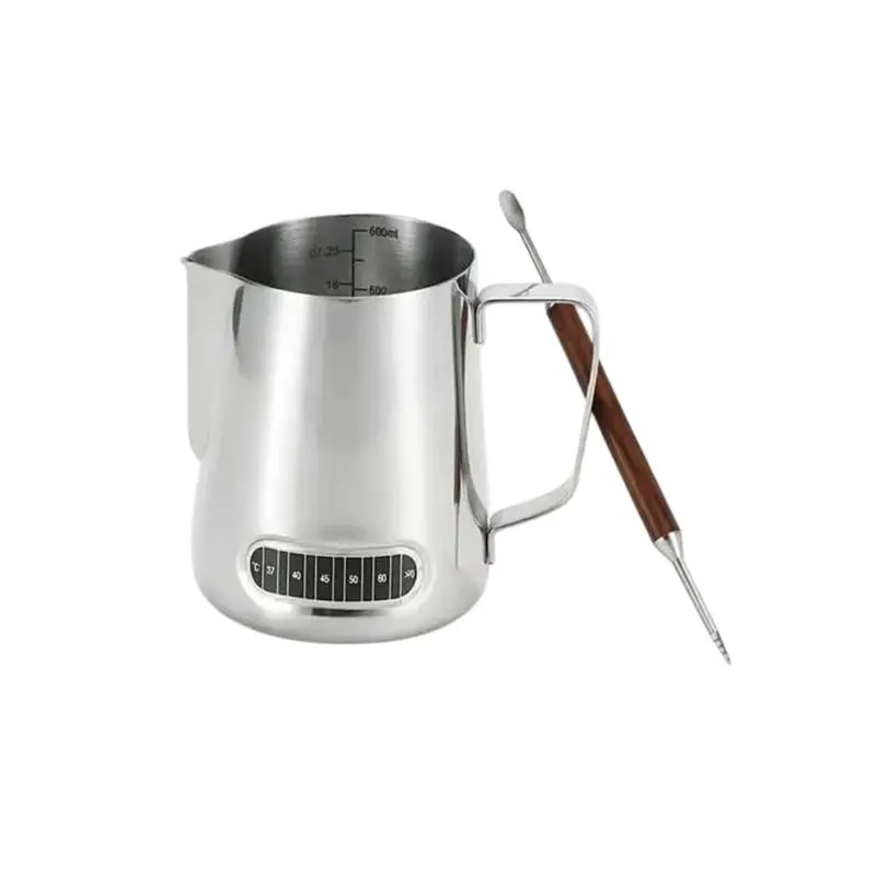 ABGH-Coffee Latte Art Cup With Wooden Handle, 600Ml Milk Frothing Pitcher Featuring Built-In Temperature Gauge, Latte Art Pen