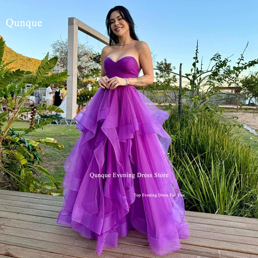 

Qunque A-line Prom Dresses Sweetheart Customized Ruffle Evening Dress Elegant Tulle Pleat Formal vestidos de gala em promoção