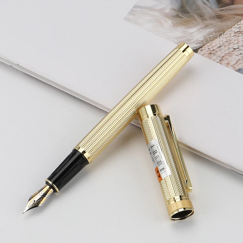 Wingsung Metallic Striped Fountain Pen Gold F 0.5MM Bent Curved 1.0MM Nib Business Office Practice Replaceable 3.4mm Ink Bladder