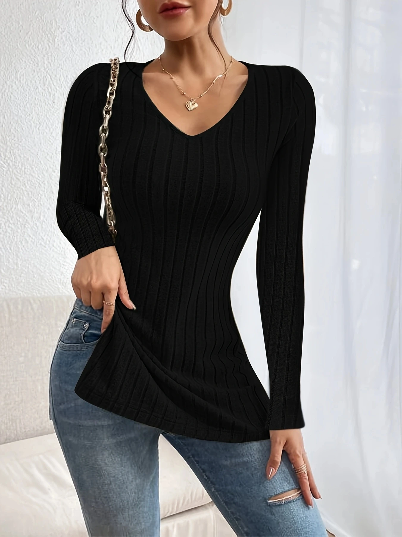 

Women's Fashion V-neck Side Split Pit Strip Long sleeved