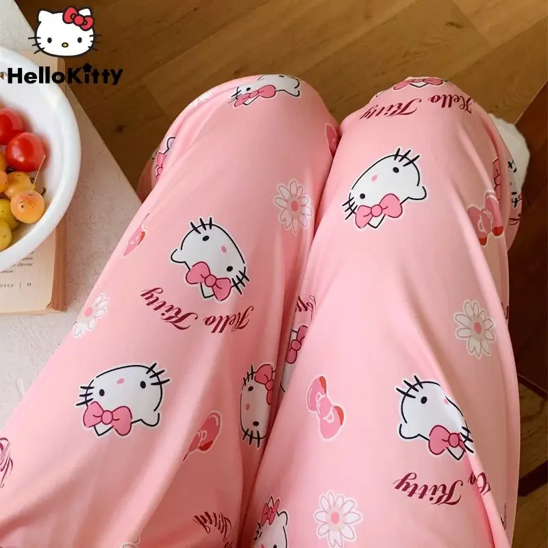 

Sanrio Cute Cartoon Hello Kitty Pajama Pants, Y2k Women's Thin Sleepwear Pants for Dormitory Casual Loose Oversize Home Pants