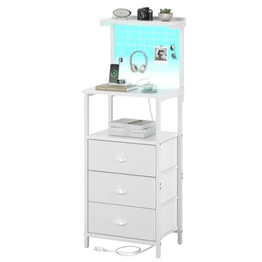 

Tall Bedside Nightstand with Charging Station LED Light for Bedroom White PU Fabric Drawers Hooks USB/Type-C Ports Open Shelves