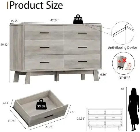 Dresser for Bedroom, 6 Drawer Wide Modern Chest of Drawers with X-Shaped Sturdy Base, Wood Double Dresser Closet