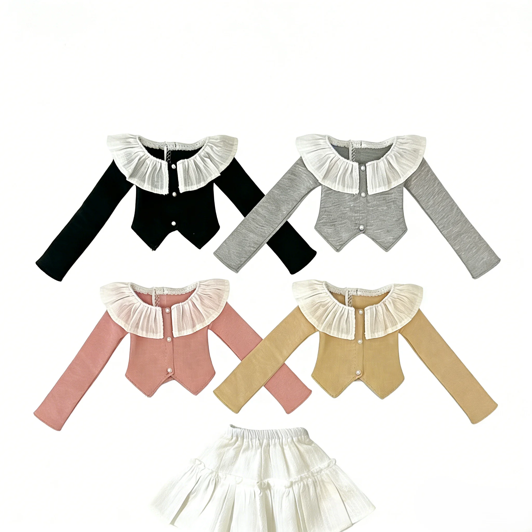 

Blythe ob24 1/6/BJD 1/4BJD Doll Clothes Ruffled Lotus Collar Long Sleeve Slit T-shirt White Broken Pleated Skirt