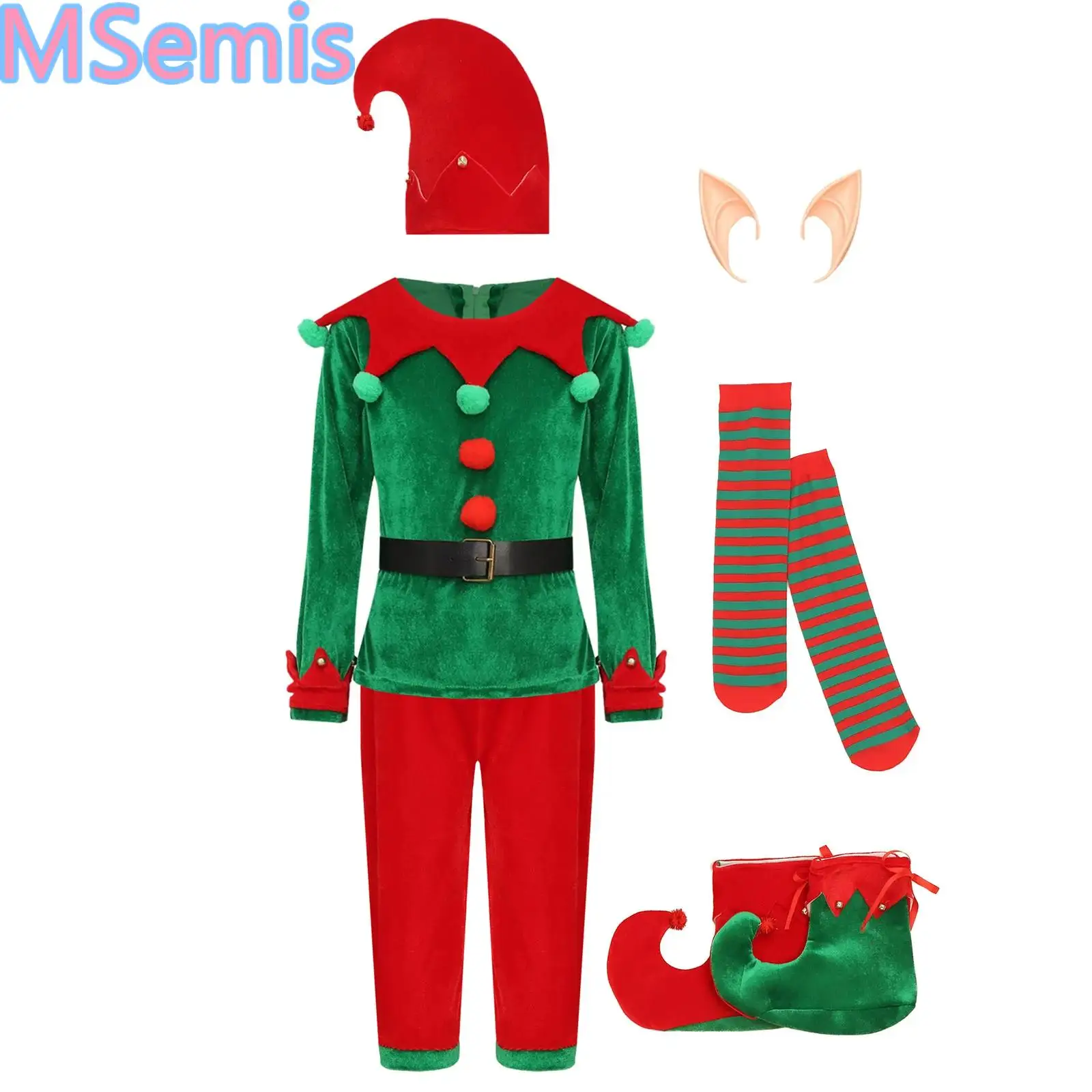

Милый рождественский костюм эльфа для мальчиков, комплект рубашки, топ и брюки, шапка, силиконовые уши эльфа, пояс, чулки и комплект чехлов для обуви