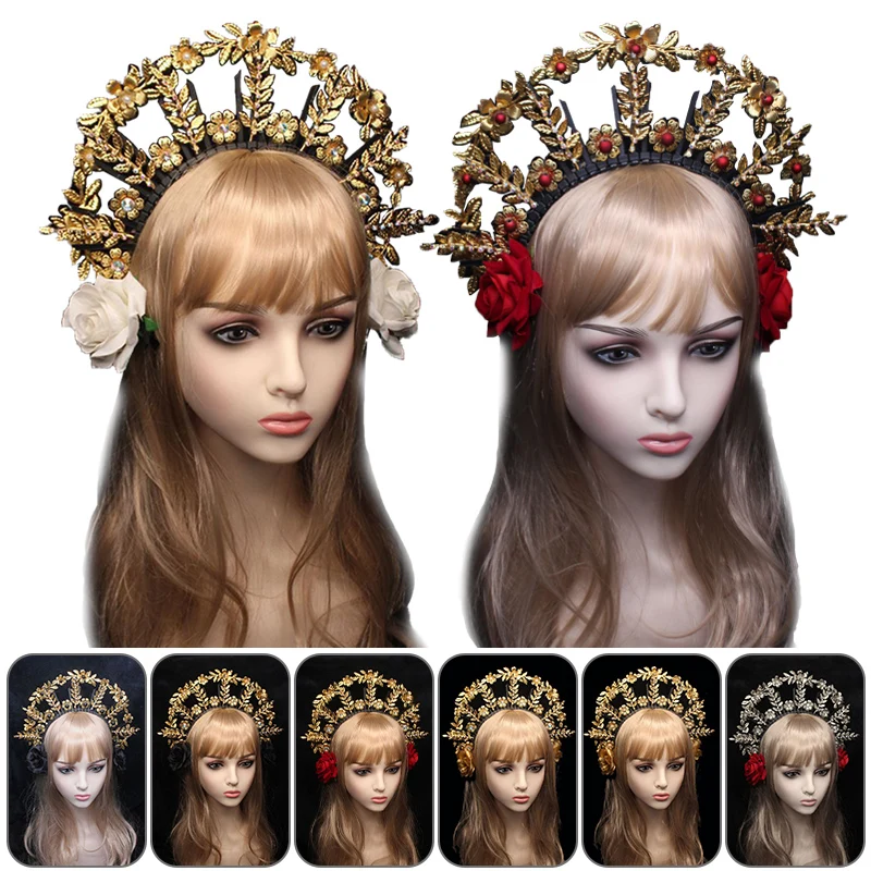 Women Baroque Cross Goddess Lolita Crown Tiara Pearl Beaded Chain Virgin Mary Headpiece Gothic Headband DIY Materials