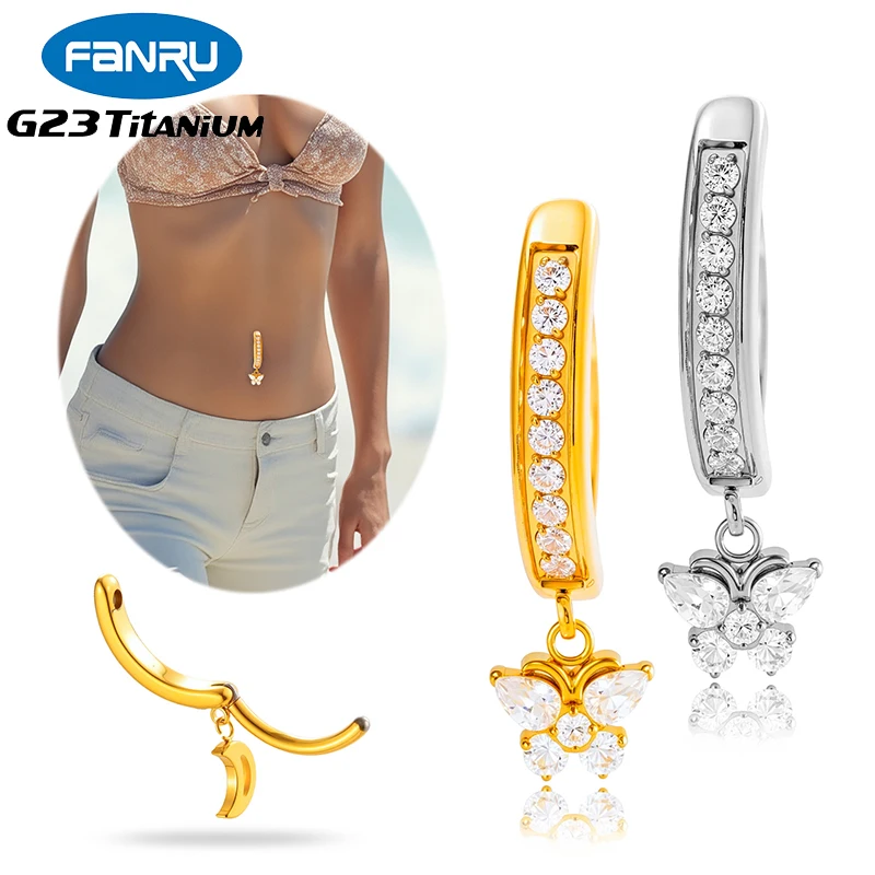 

1PC G23 Titanium Implant Grade Belly Button Ring Zircon Butterfly Pendant Belly Clip Navel Ring Curved Barbell Piercing Jewelry