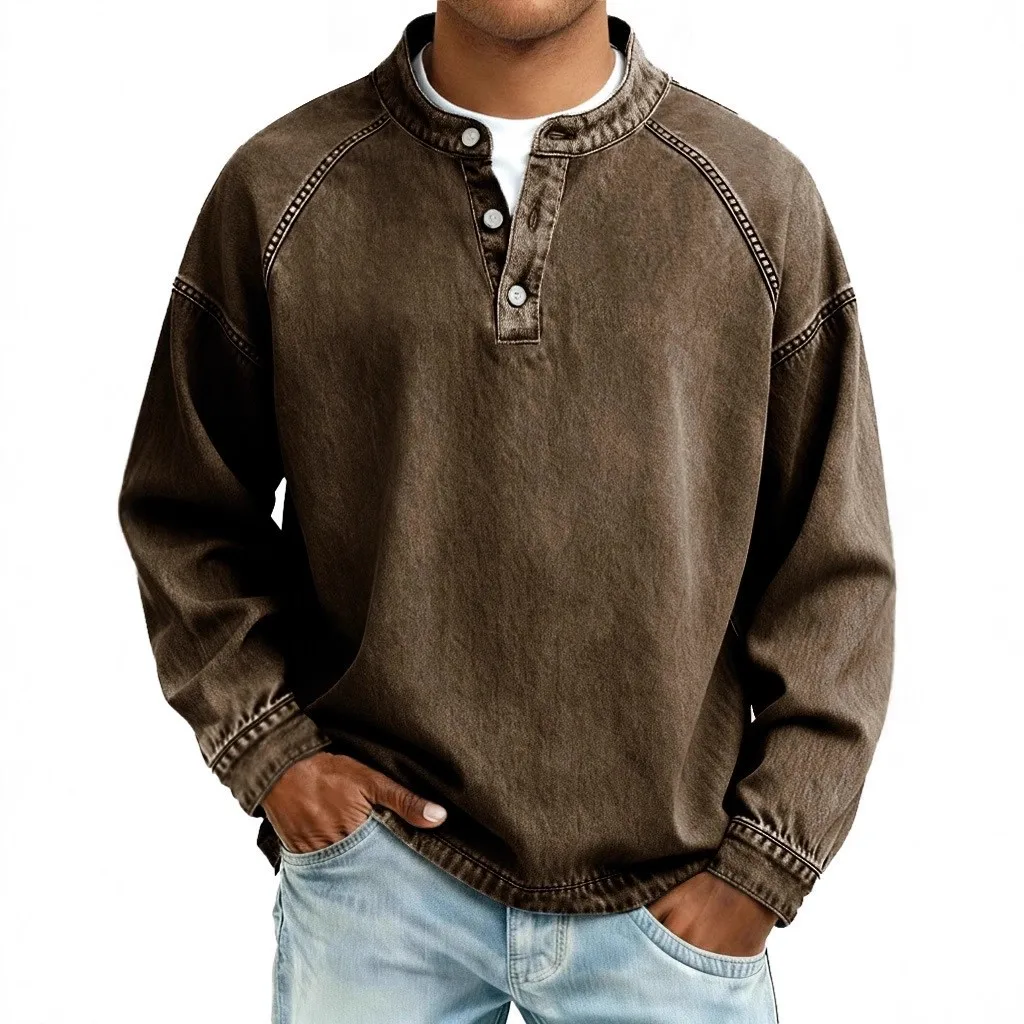 Pullover Long Sleeve Fitted Vintage T Shirt with Distressed Henley Neck Round Neck Regular Sleeve Men T Shirt Autumn