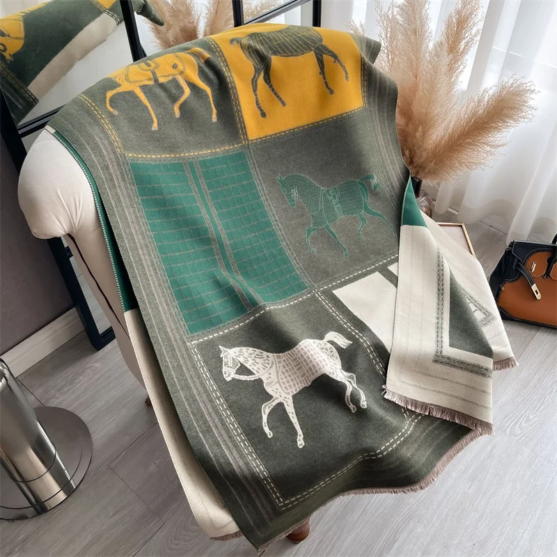 2024 Luxus Pferd Print Schal für Frauen Wärmer Winter Kaschmir Pashmina Schals Schals Weibliche Dicke Decke Wraps Foulard – Detail 5