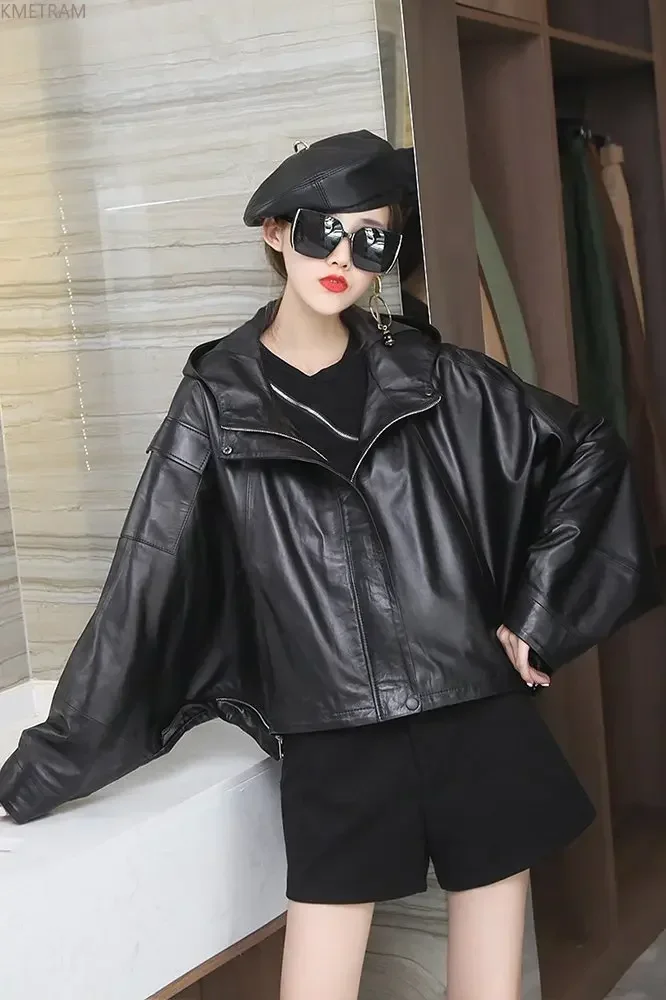 Genuine Sheepskin Leather Jacket Women 23 Loose Leather Coat Short Black Leather Jackets Korean Fashion Women Clothes Bat Sleeve