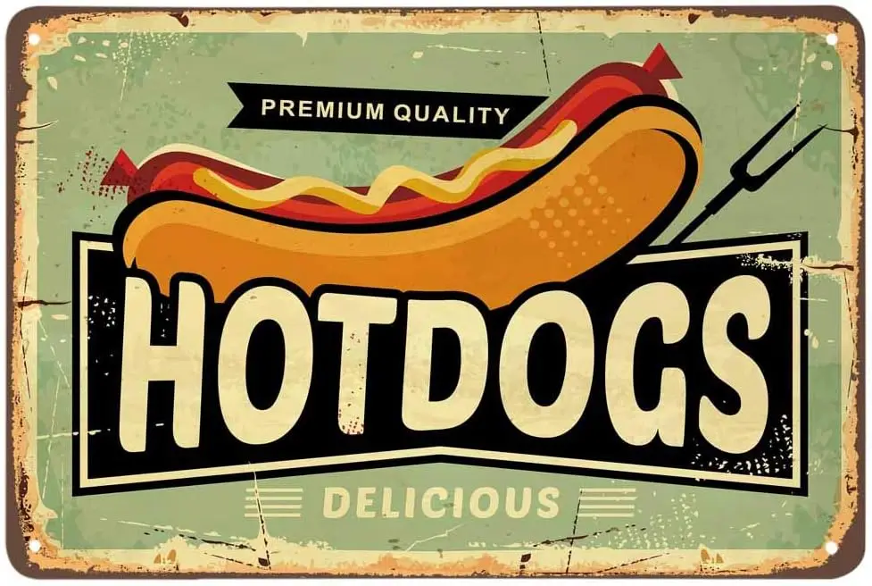 AOYEGO Hotdogs Tin Sign,Fast Food Delicious Restaurant Fork Bread Meat Sausage Vintage Metal Tin Signs for Cafes Bars Pubs Shop