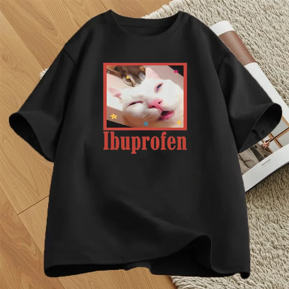 Ibuprofen القط ميمي تي شيرت مطبوع النساء الرجال السببية مضحك القط الجرافيك س الرقبة قصيرة الأكمام قمة الموضة الشارع الشهير التي شيرت للجنسين