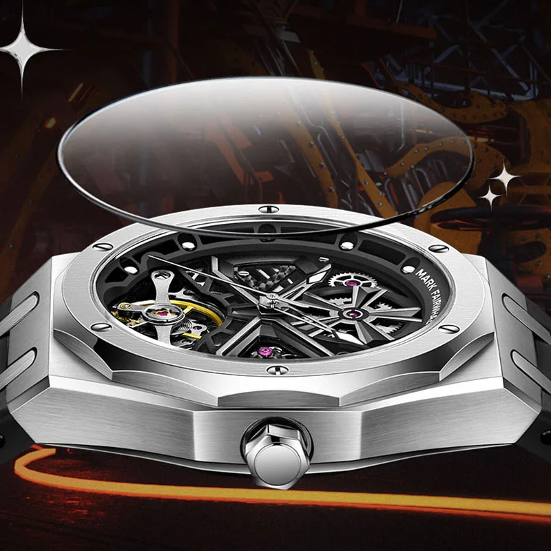 Stainless Steel Toubillon Automatic Watch Men Luxury Brand Skeleton Mechanical Watches Fashion Silicone Strap Waterproof Clock