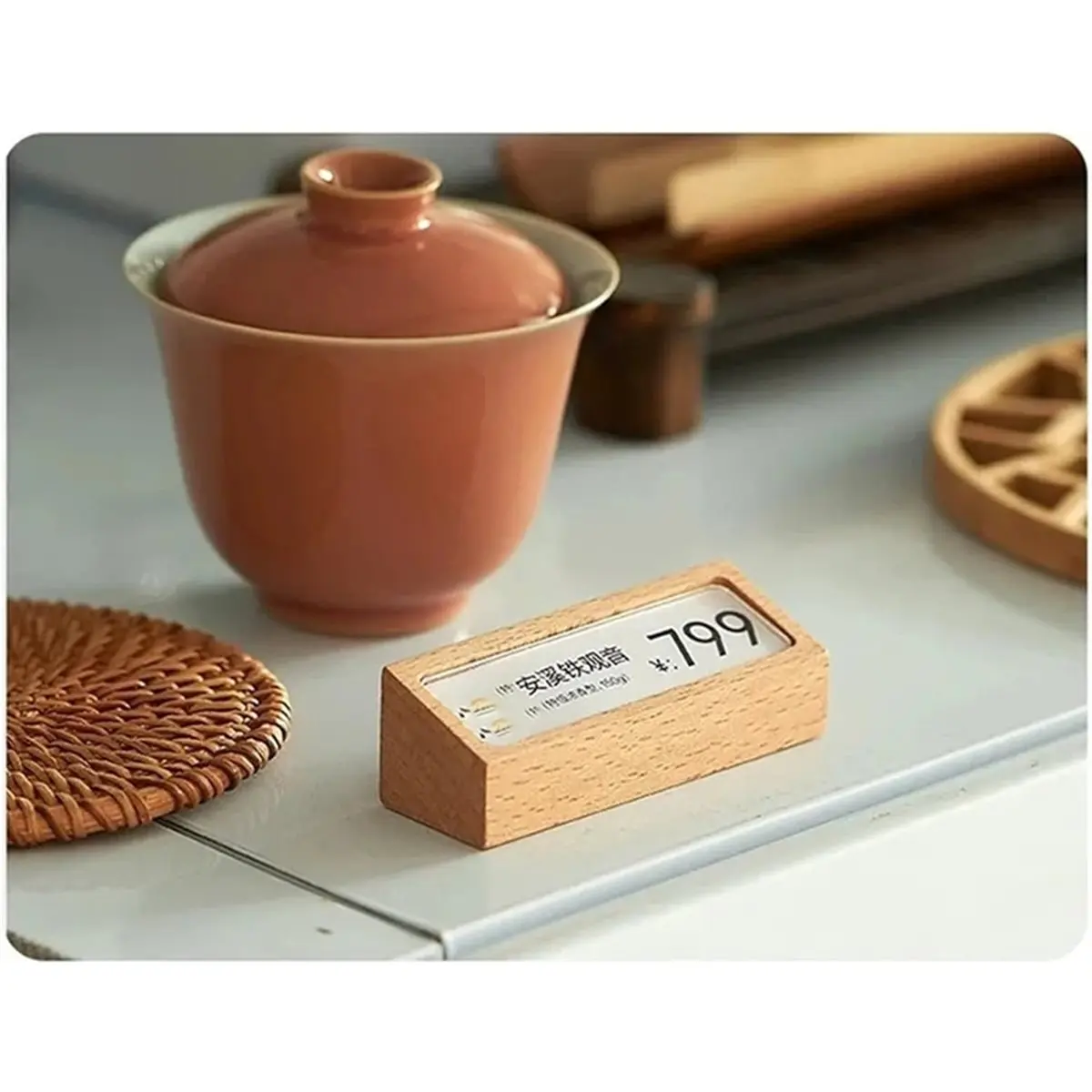 2026 New 68x18mm Mini Wood Sign Holder Display Stand Small Price Label Paper Name Card Tags Ticket Holder Stand() A