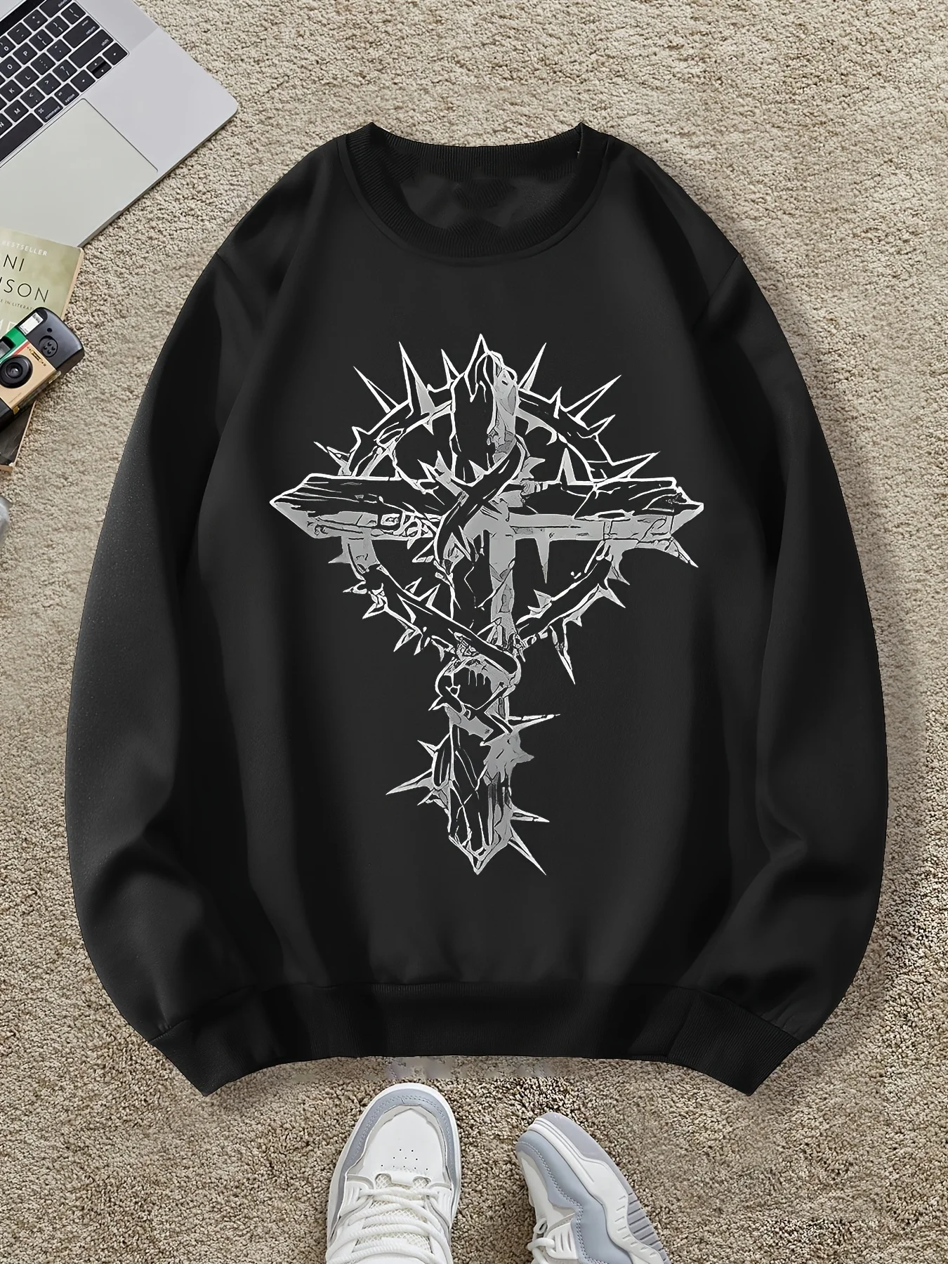 

Осенне-зимняя мужская и женская спортивная толстовка с длинными рукавами и готическим крестообразным принтом, повседневная и свободная уличная одежда