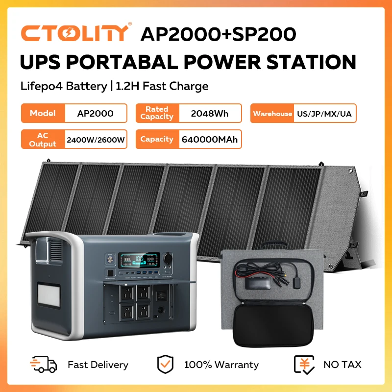 CTOLITY AP2000 2400W Portable Solar Generator 2048Wh Lifepo4 Battery Power Station 200W Solar Panel USB TYPE-C emergency Supply