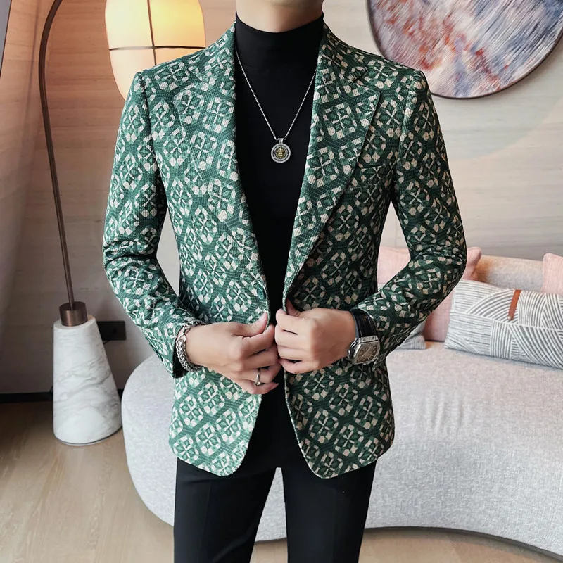 Brand Autumn Winter Jacquard Suit Jacket for Men High Quality Business Casual Blazer Masculino Slim Banquet Party Dress Coat