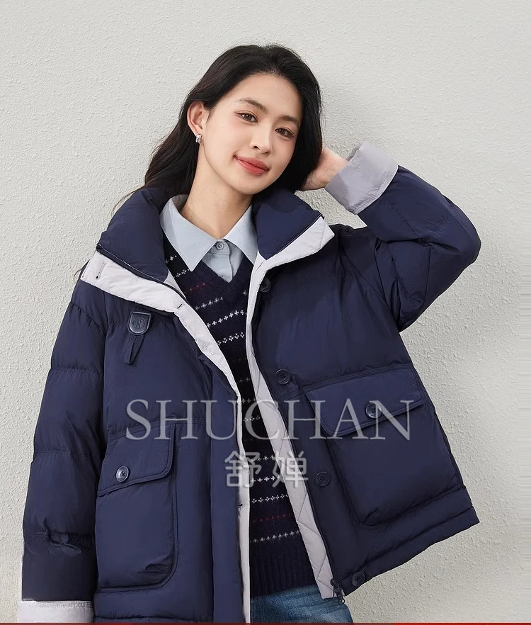 

90 White Duck Down Contrasting Color Design Large Pocket Stand-up Collar Down Jacket Women Winter Coat Women Casacas Para Mujer