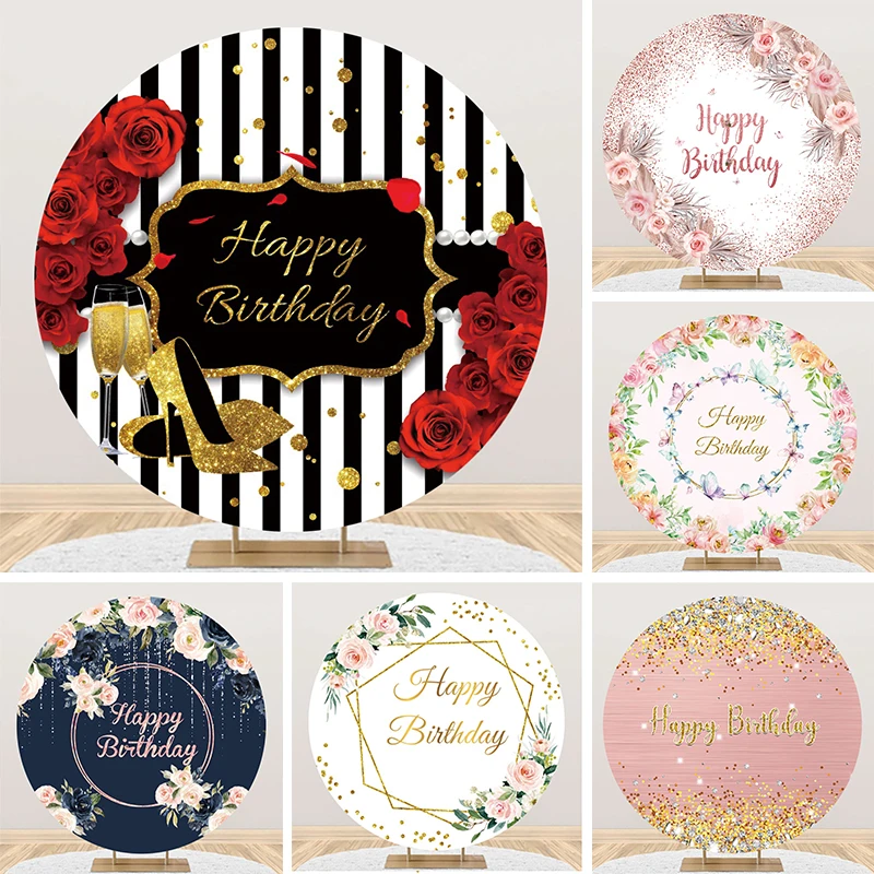 

Happy Birthday Round Backdrop Cover Women's Party Red Rose High Heels Pink Flowers Glitters Decor Circle Photo Background Cloth