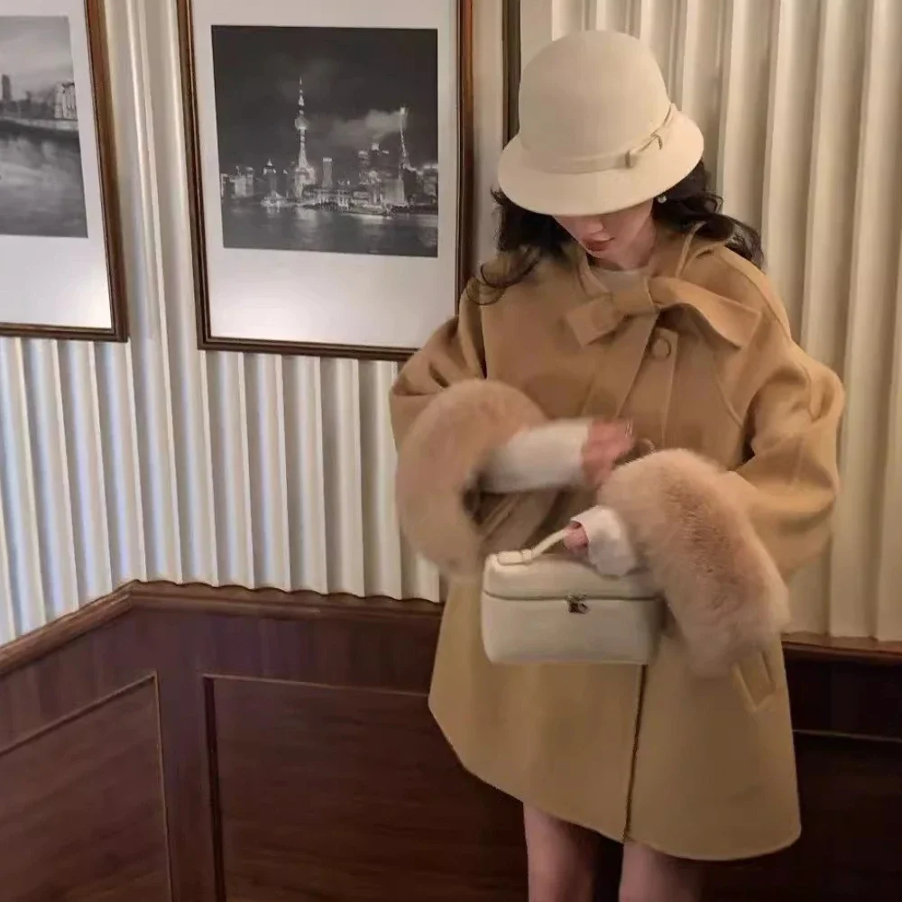 Casaco de lã de pele de raposa real moda 2025 outono inverno capa de natal dupla face casaco de caxemira feminino inverno outerwear casaco suave