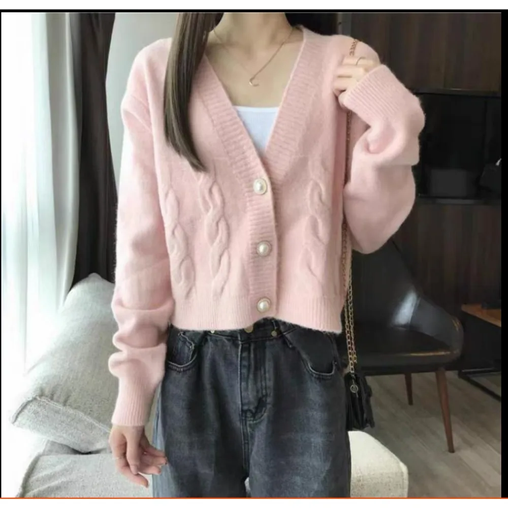 

Модный вязаный кардиган женский, укороченный, с V-образным вырезом, свободного кроя, в стиле «фриттейд твист», куртка-пальто