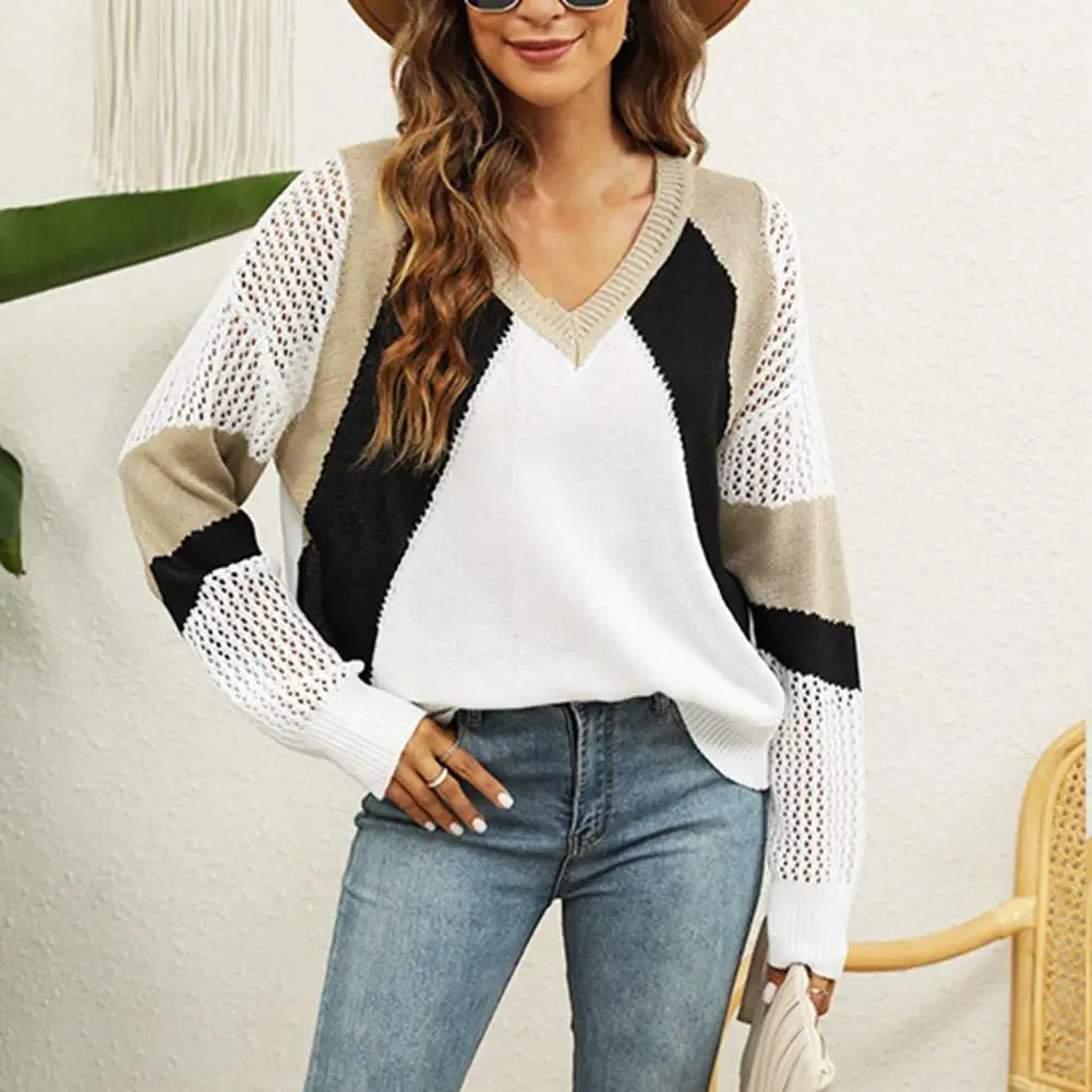 

V Neck Hollow Out Long Sleeves Ribbed Trim Women Sweater Autumn Winter Patchwork Print Sweater Jumper Female Clothing Top свитер