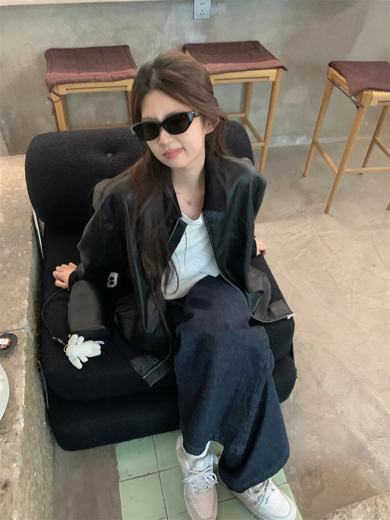 Casual Loose Women's Jaet Bla Collar Patchwork Early Autumn Leather Coat Outerwear Faionable American Sle ort Coat