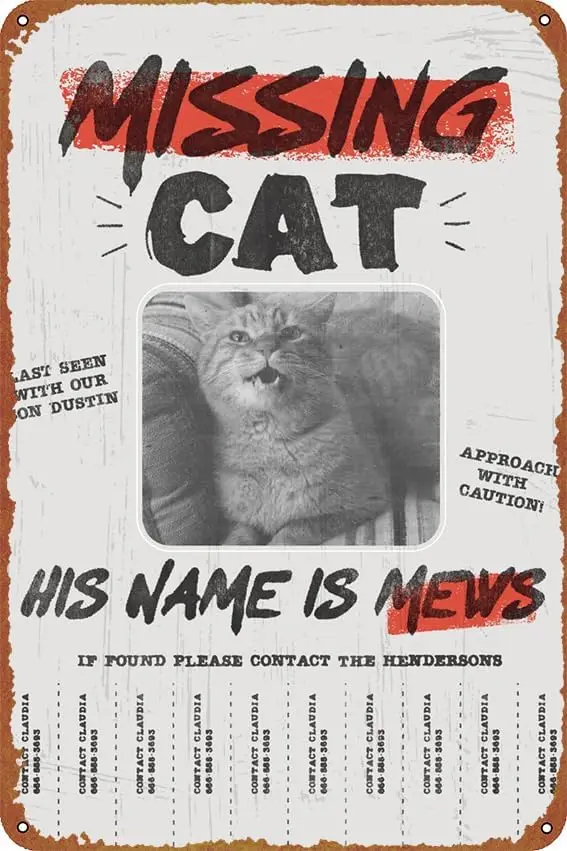 Missing Cat Poster Vintage Cute Metal Sign Gift Retro Novelty Cafe Store Garage Tin Signs