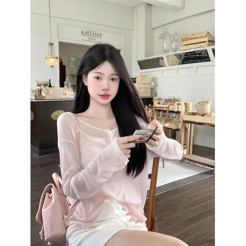 2026 New Summer Women Pink Backless Tie Sun Protection Cover Ups Lazy Style Pure Desire Loose Slim Casual Outerwear Tops