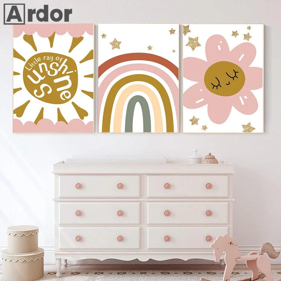 

Boho Nursery Sun Rainbow Pink Flower Star Posters And Prints Wall Art Canvas Painting Nordic Pictures Baby Kids Bedroom Decor