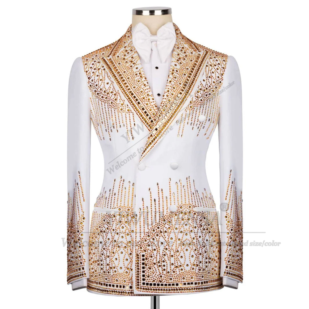 

Gold Jewelry Stones Ornament Men's Suits 2 Piece Double Breasted Groom Blazers Outfits Slim Fit Business Banquet Tuxedos Attire