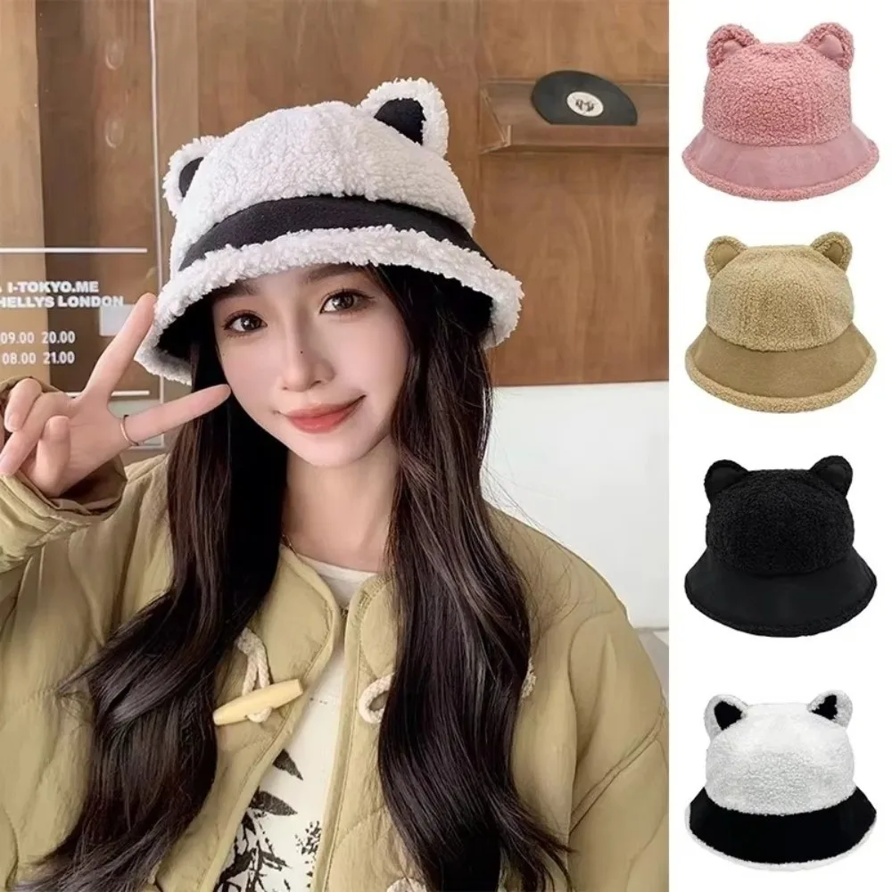 居心地の良いふわふわ冬用バケットハットふわふわ柔らかいぬいぐるみ暖かい帽子厚い防風猫耳漁師キャップ冬シーズン