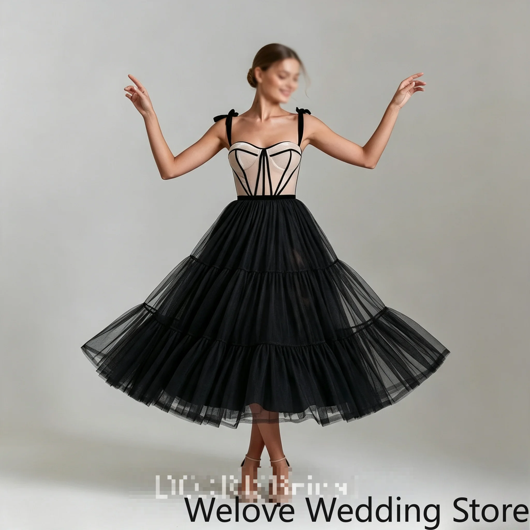 Vintage Black Midi Evening Dress Sweetheart Neck Contrast Nude Corset Bodice Bow‑Tied Shoulder Straps High Waist Multi‑Layer