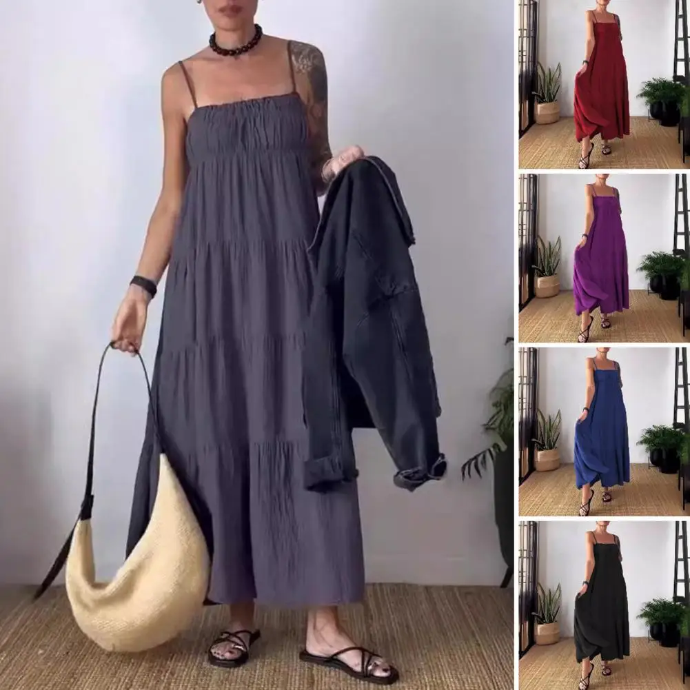 

Women Solid Color Dress Elegant Spaghetti Strap Maxi Dress for Summer Beach Vacation Backless A-line Patchwork Slip Dress