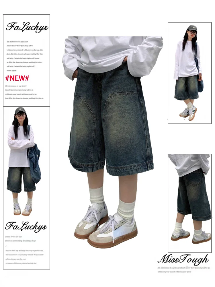 2024 Summer new Vintage Jeans Shorts Women Bottoms Streetwear Fashion Casual Y2k Retro Wide Leg Denim Pants Pantalones Female