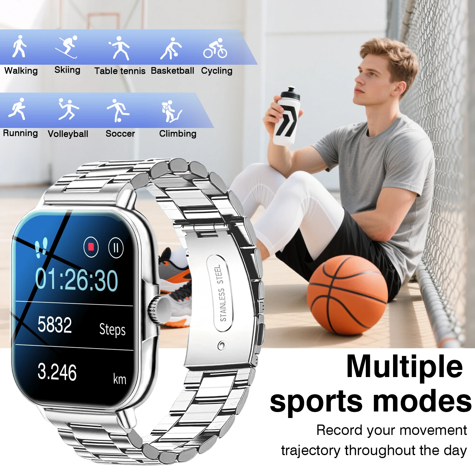 ساعة ذكية للرجال 2025 مزودة بخلفيات عالية الدقة وأشرطة مزدوجة (ستانلس ستيل + سيليكون)، أوضاع رياضية لمشغل موسيقى الاتصال اللاسلكي #5