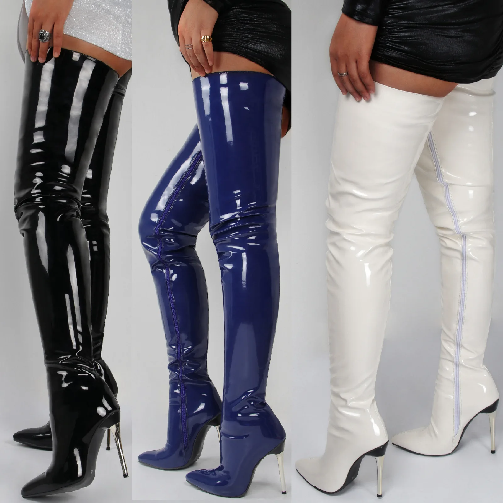 

Sexy Pointed Side Zipper Patent Leather Over-The-Knee Boots Stiletto Heel Elastic Botines Large Size Leather Botas Femininas